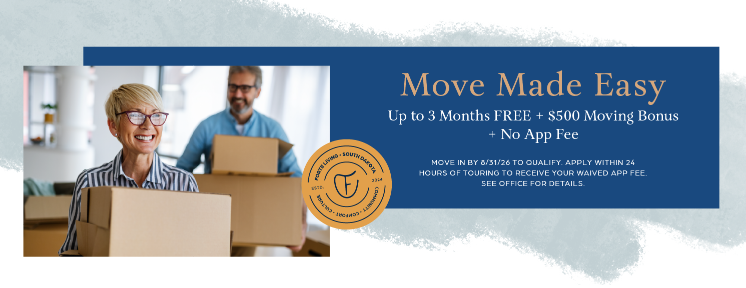 August_26_Promo_Forte_SD Picture of 2 people carrying boxes. Text Moving Made Easy with up to 3 months free + $500 moving bonus + No app fee